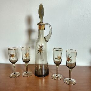 VINTAGE ATOMIC Starburst DECANTER and glasses